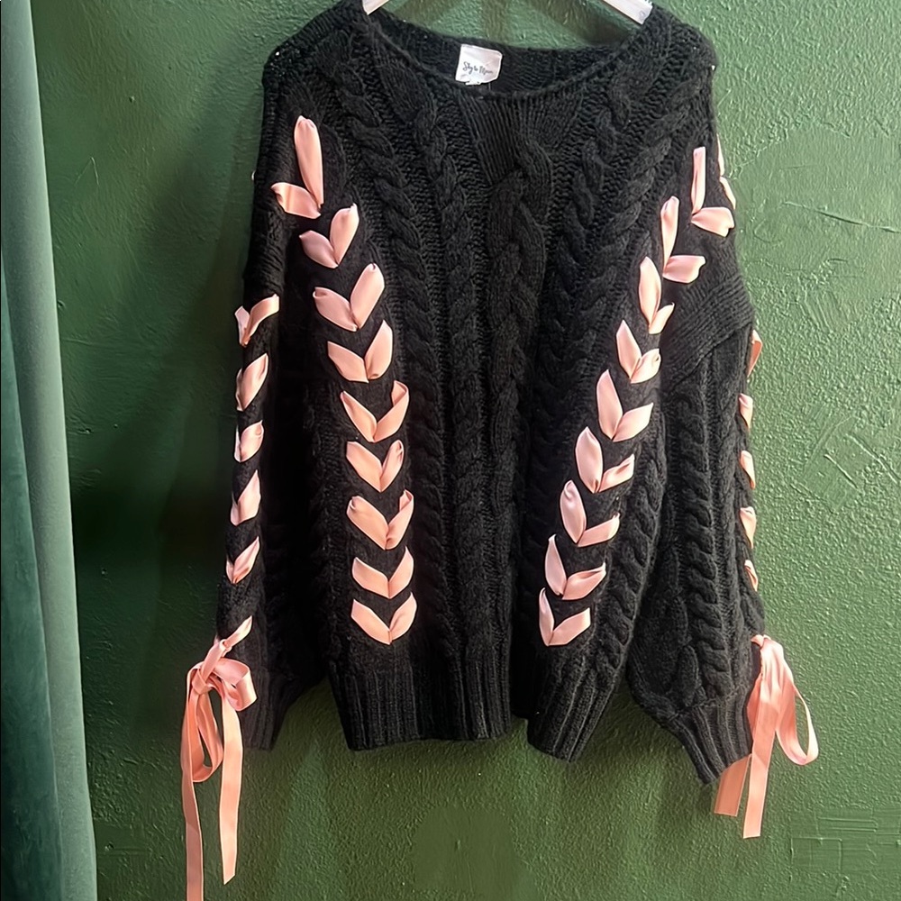 Black Sweater with Pink Ribbon Accents